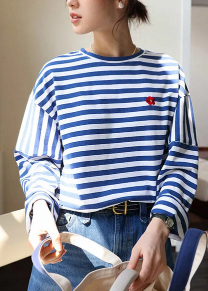 Blue White Striped Embroideried Loose Cotton Top Long Sleeve Spring