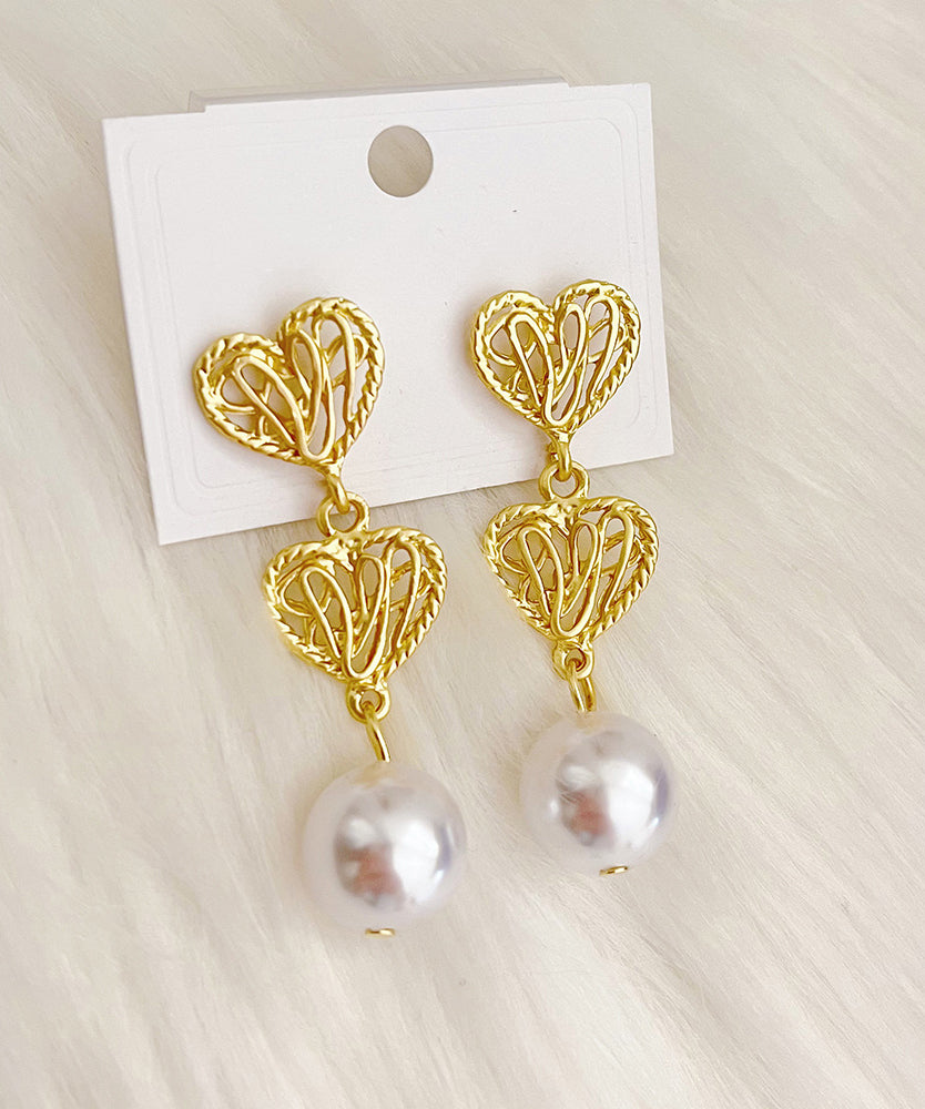 New Gold Copper Alloy Hollow Out Love Pearl Drop Earrings