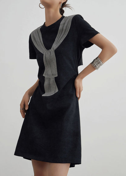 Black Print Hollow Out Cotton T Shirt Dresses Summer