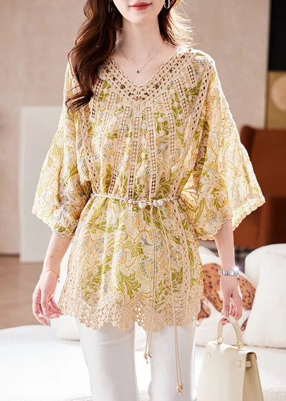 Classy V Neck Print Hollow Out Cotton Tops Batwing Sleeve