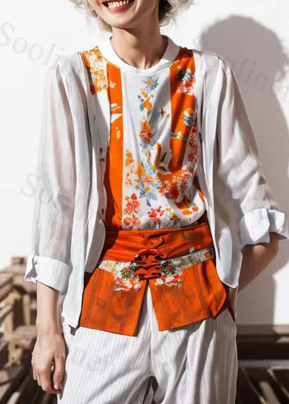 Stylish Orange O-neck Print Patchwork Fake Two Pieces Shirts Long Sleeve