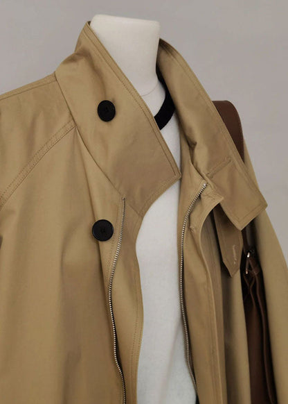 French Khaki Peter Pan Collar Zippered Patchwork Trench Coats Long Sleeve Spring