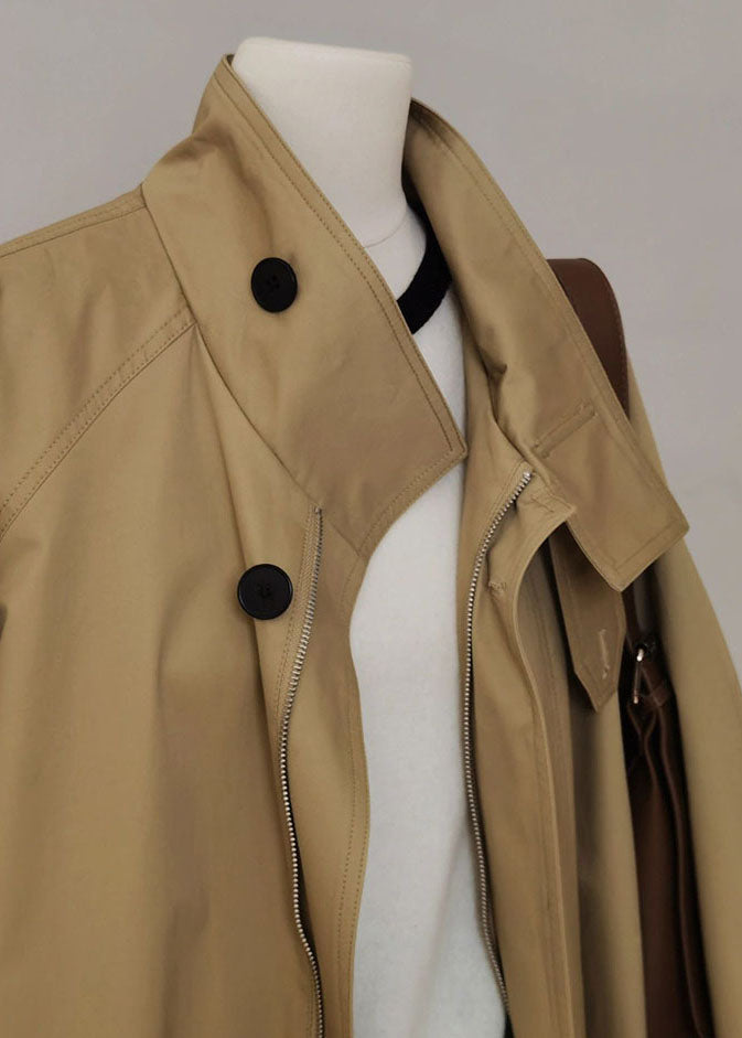 French Khaki Peter Pan Collar Zippered Patchwork Trench Coats Long Sleeve Spring