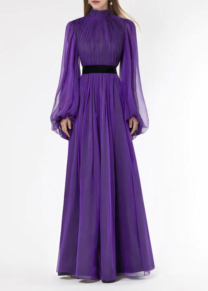 Italian Purple Stand Collar Wrinkled Silk Long Dresses Lantern Sleeve Spring