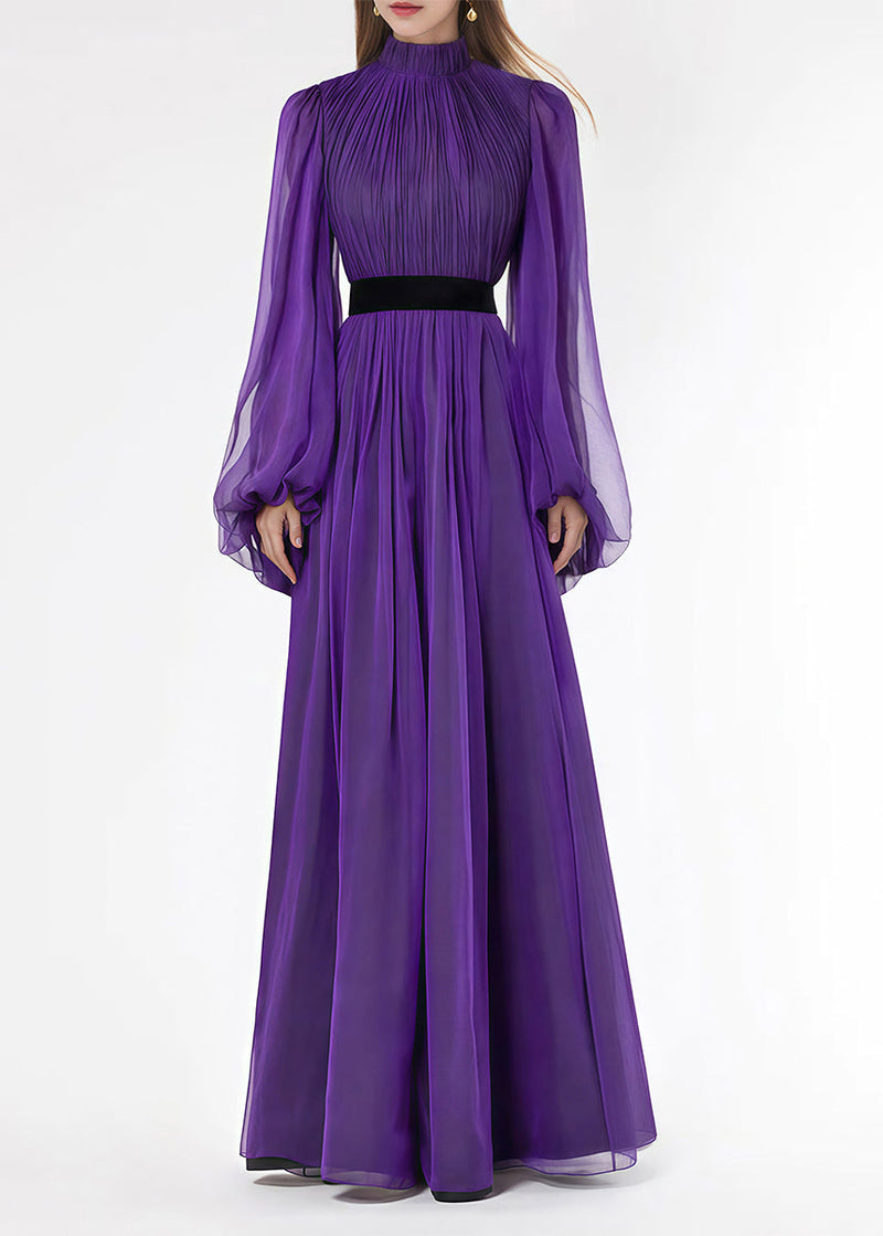 Italian Purple Stand Collar Wrinkled Silk Long Dresses Lantern Sleeve Spring