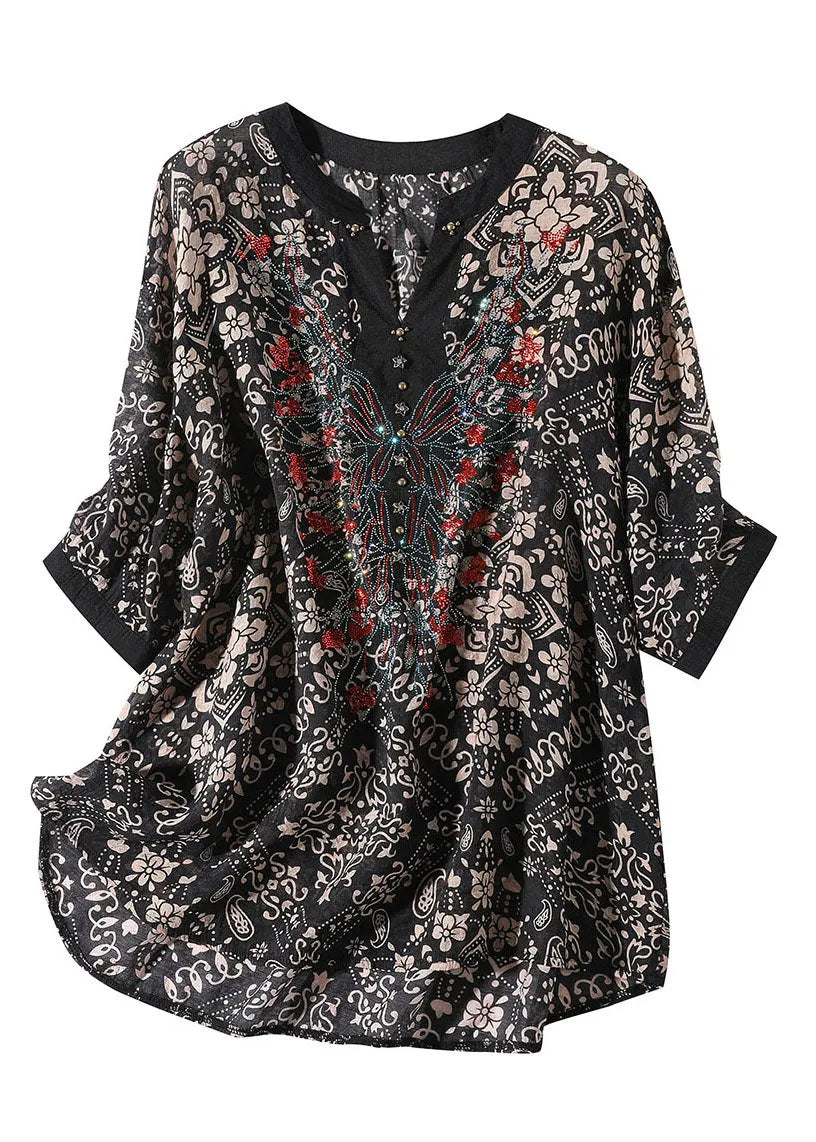 Black V Neck Print Silk Shirt for Short Sleeve