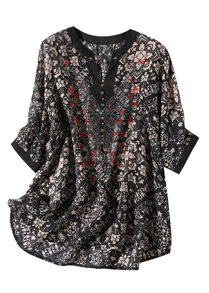 Black V Neck Print Silk Shirt for Short Sleeve