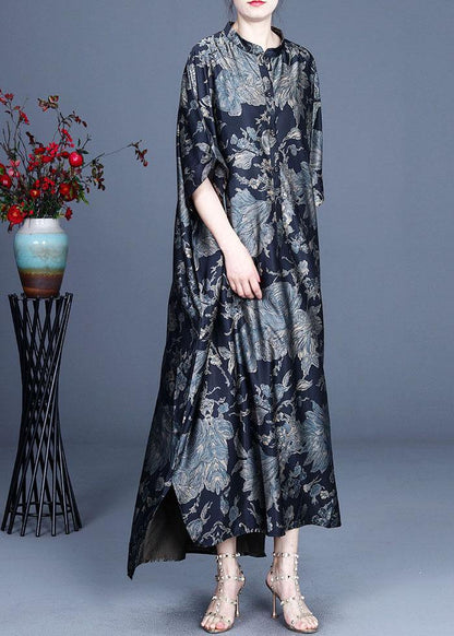 Comfy Black Print Summer Silk Side Open Dress