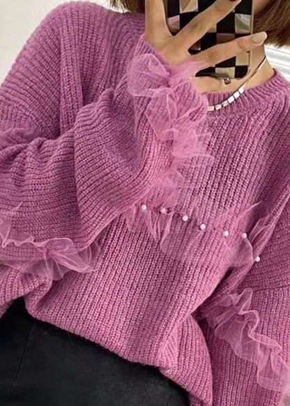 Purple Tulle Patchwork Nail Bead Fall Knit Sweaters