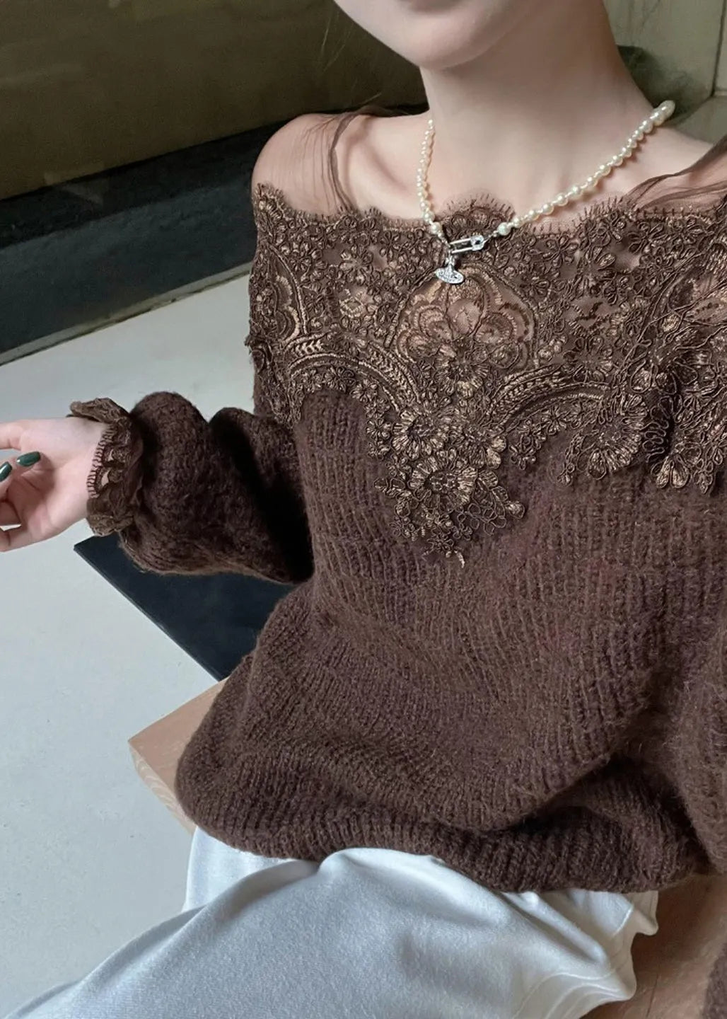 Diy Brown Oversized Lace Patchwork Knit Pullover Spring