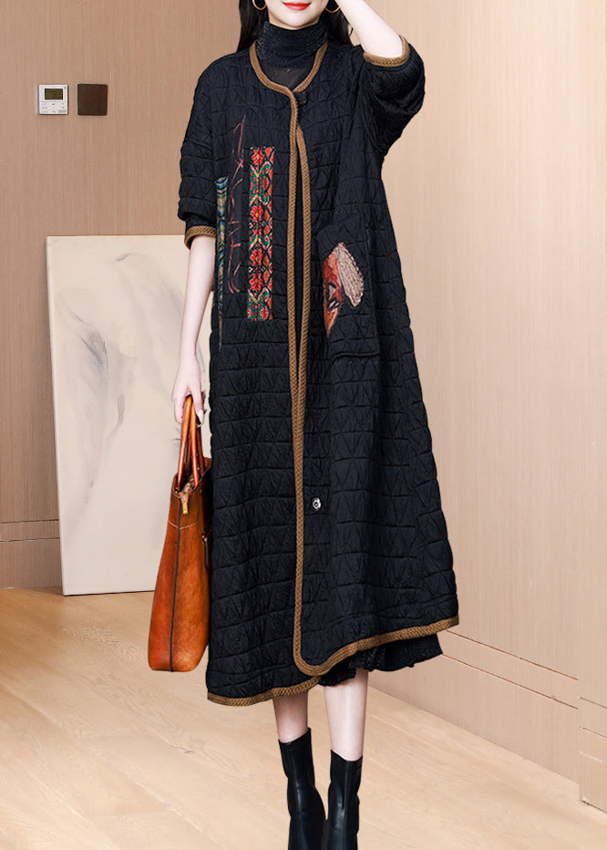 Black O Neck Pockets Patchwork Fine Cotton Filled Coat Winter