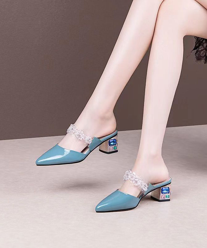 Crystal Flower Splicing Chunky Blue Cowhide Leather