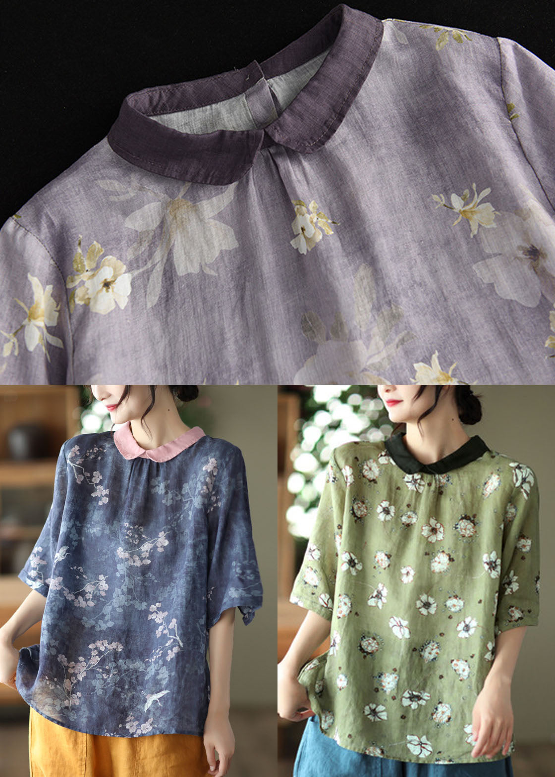 Blackish Green Colorblock Patchwork Linen Shirt Top Short Sleeve