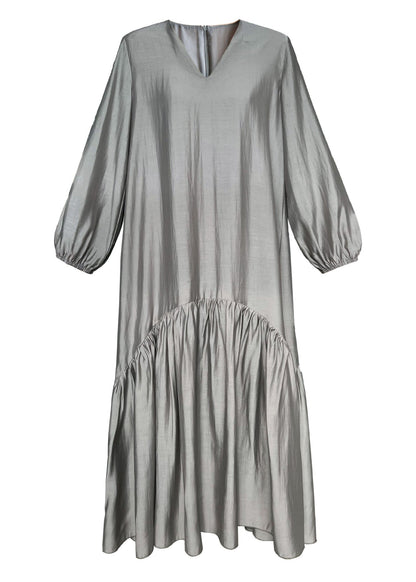 French Apricot V Neck Wrinkled Patchwork Cotton Long Dresses Fall