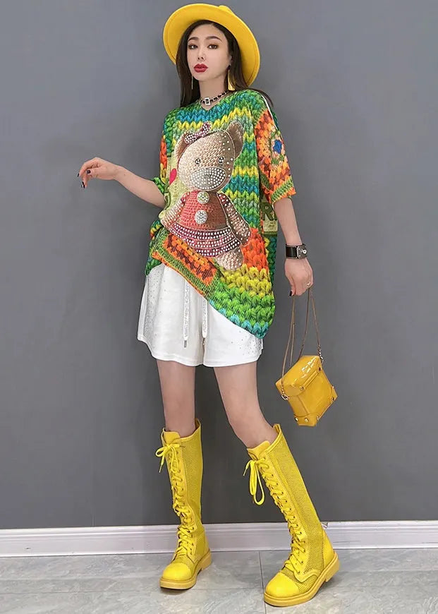 Modern Colorblock Multi O-neck Bear Print Cotton Tanks Tops Short Sleeve