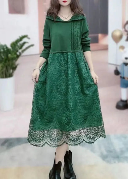Rose Hooded Patchwork Lace Long Dresses Fall