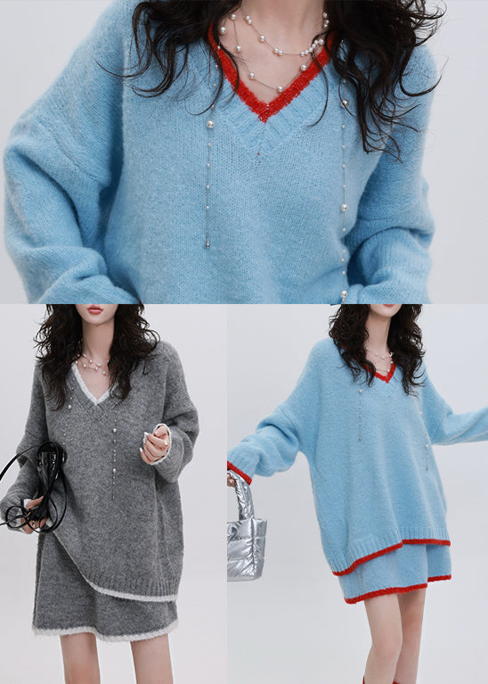 Sky Blue Patchwork Knit Two Pieces Set V Neck Winter