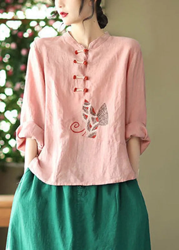 Pink O-neck Embroideried Linen Top Long Sleeve
