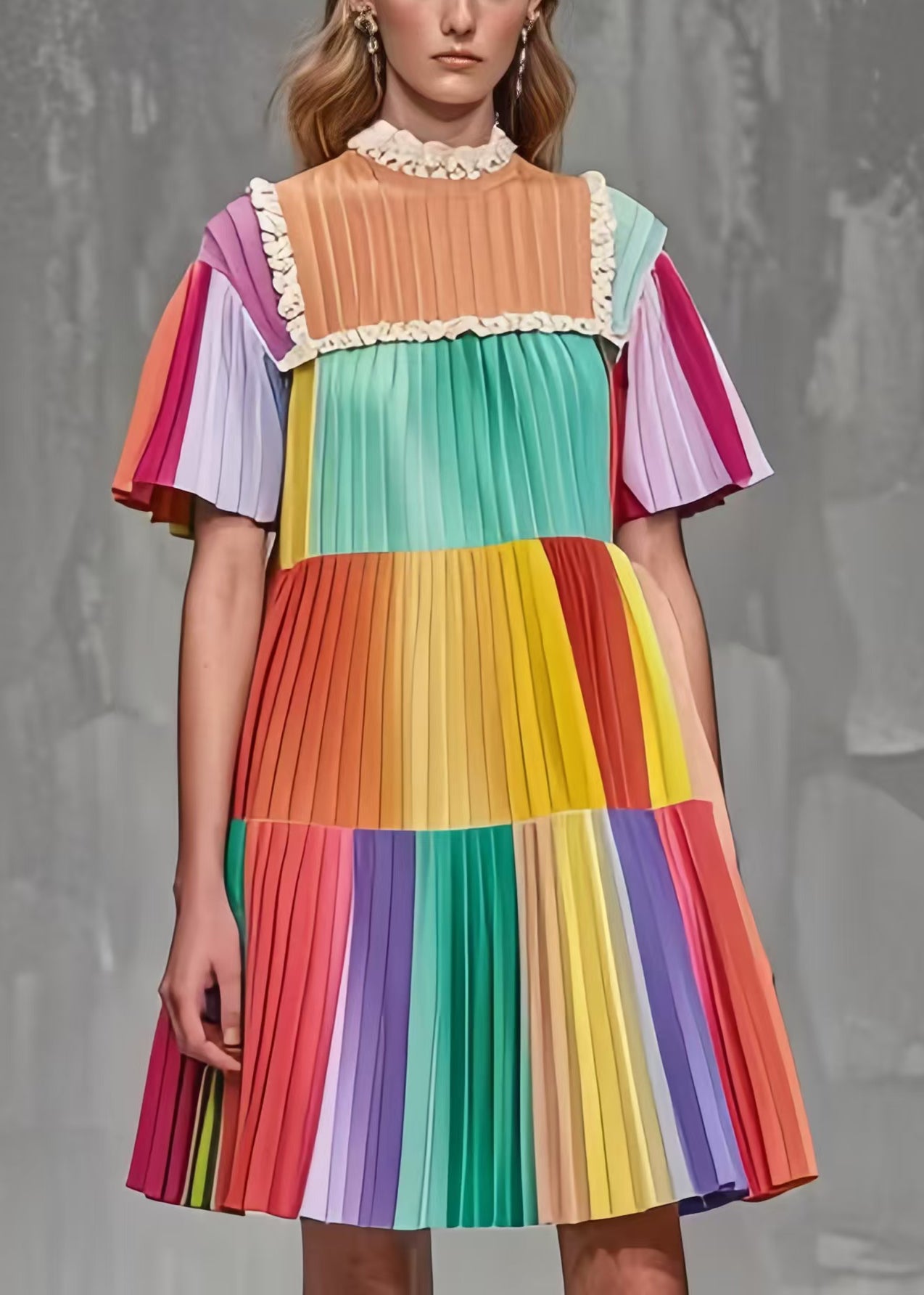 Rainbow Ruffled Patchwork Wrinkled Chiffon Mini Dress Summer