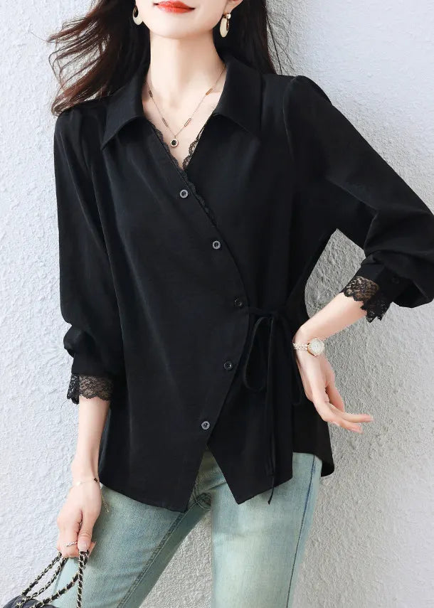 Black Asymmetrical Patchwork Tunic Shirt Top Fall