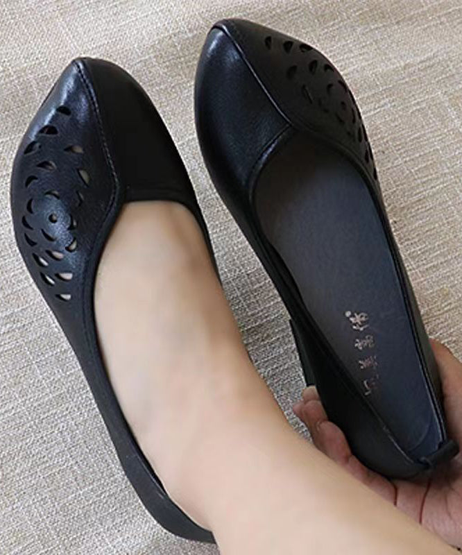 Chunky Heel Black Cowhide Leather Hollow Out