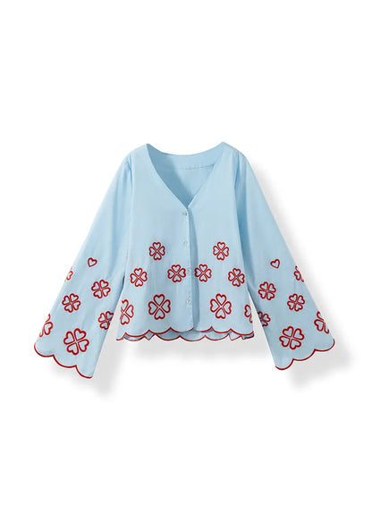 Modern Blue V Neck Embroidered Cotton Shirt Flare Sleeve