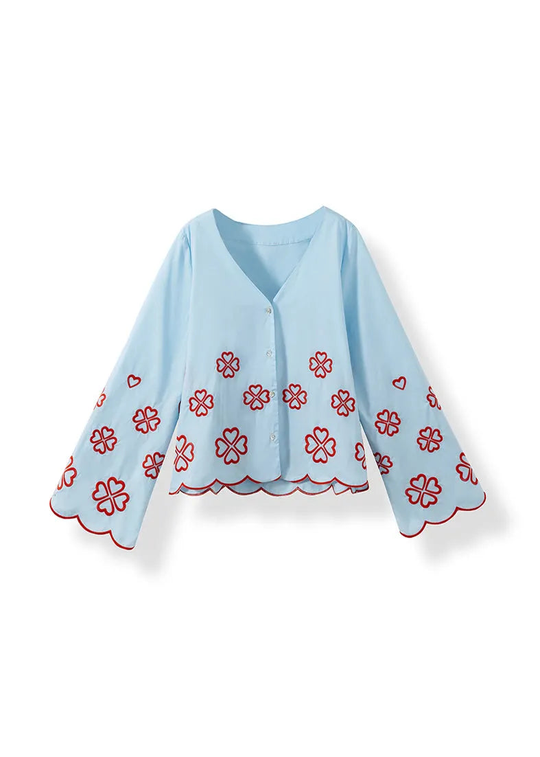 Modern Blue V Neck Embroidered Cotton Shirt Flare Sleeve
