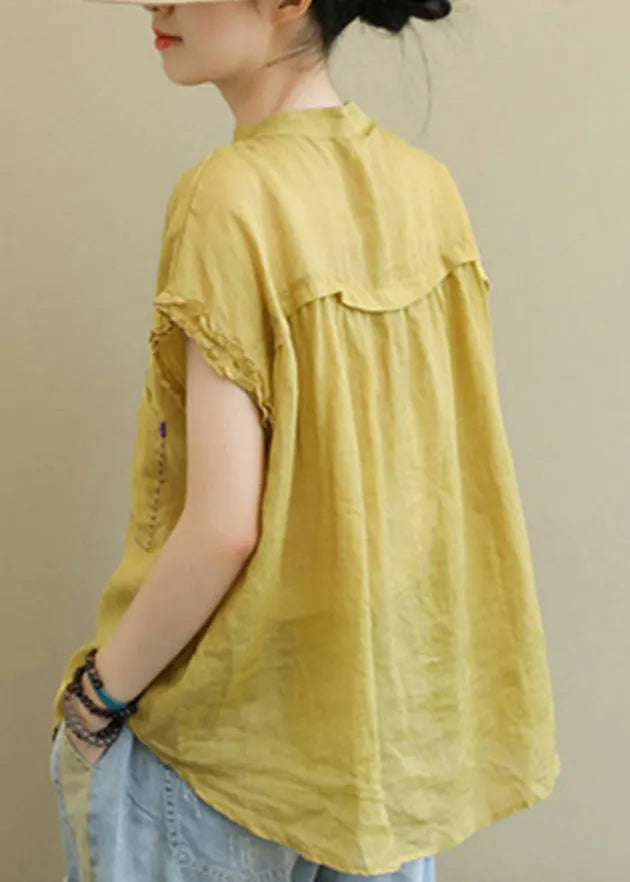 Modern Yellow Stand Collar Button Pockets Linen Blouse Top Short Sleeve