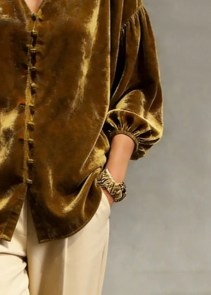 Retro Gold Yellow V Neck Patchwork Top Lantern Sleeve