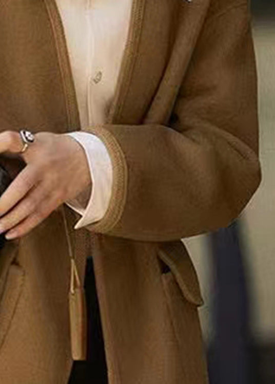 Caramel V Neck Button Pockets Patchwork Woolen Coats Long Sleeve