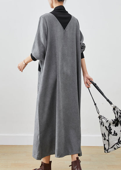 Grey Turtle Neck Patchwork Cotton Long Dress Fall