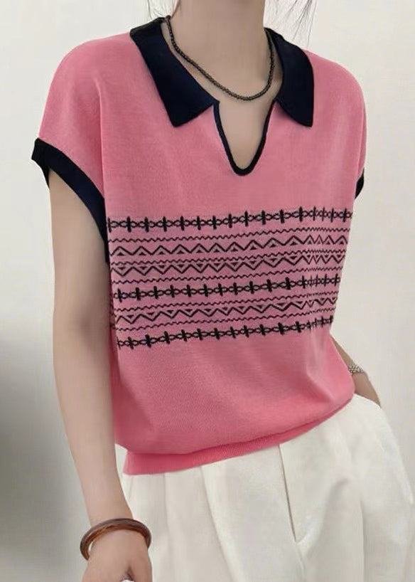 White Peter Pan Collar Print Knit Top Summer