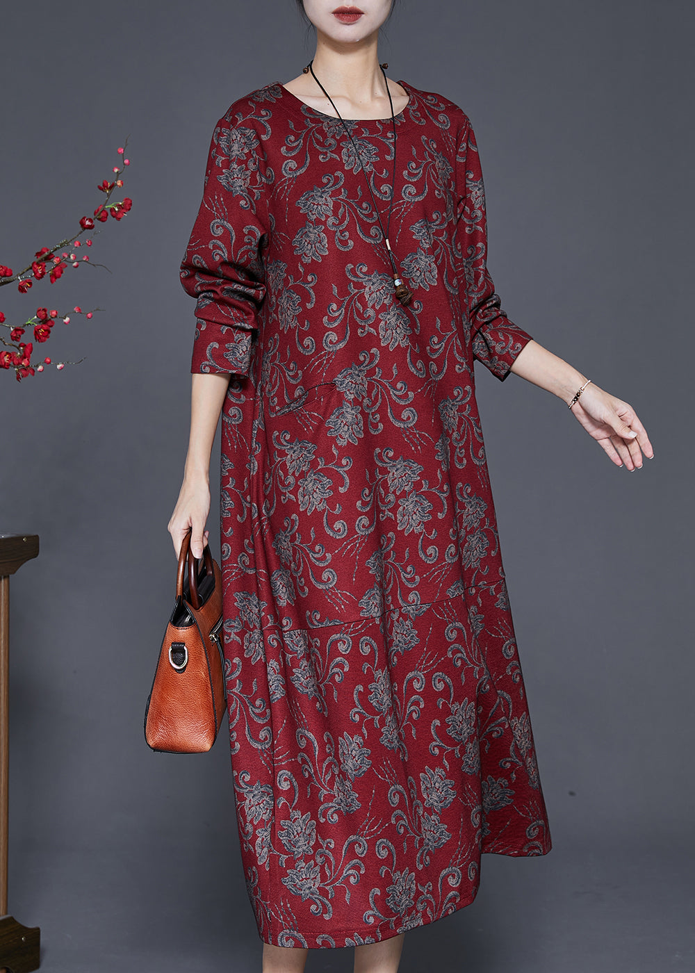 Red Print Cotton Long Dresses O-neck Oversized Fall