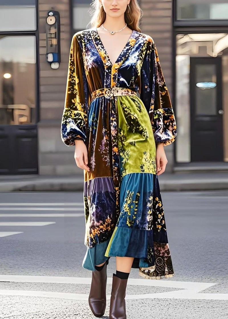 Modern Brown V Neck Print Silk Velour Dresses Spring