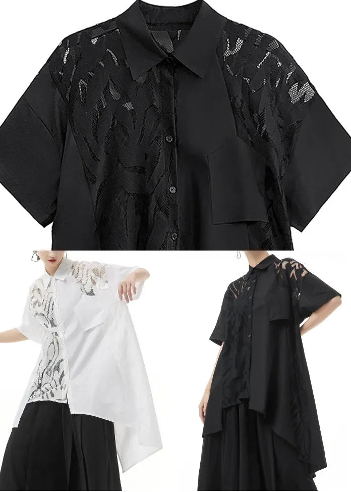 White Peter Pan Collar Lace Patchwork Shirt Tops Short Sleeve