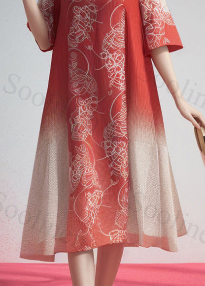 French Gradient Color O Neck Print Silk Dresses Summer
