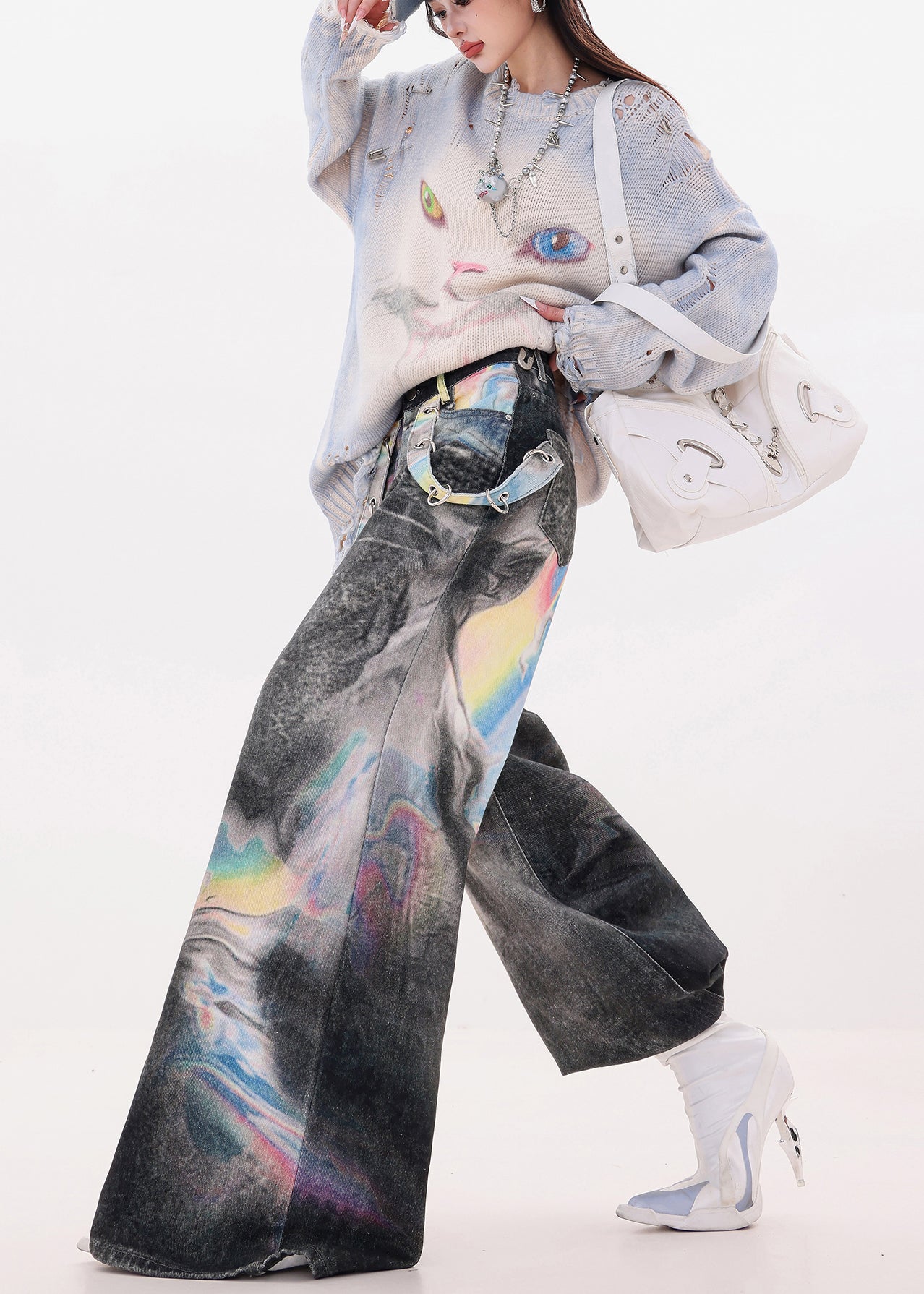 Black Oversized Tie Dye Denim Wide Leg Pants Fall