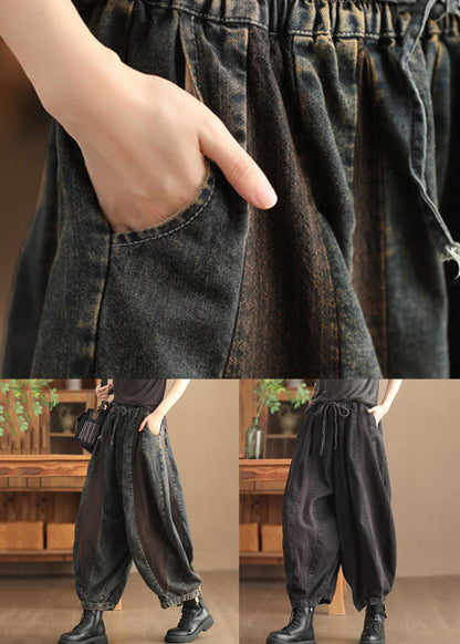 Black Pockets Lace Up Patchwork Harem Pants High Waist Fall