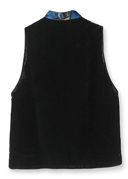 Black Stand Collar Embroideried Patchwork Silk Velour Waistcoat Sleeveless