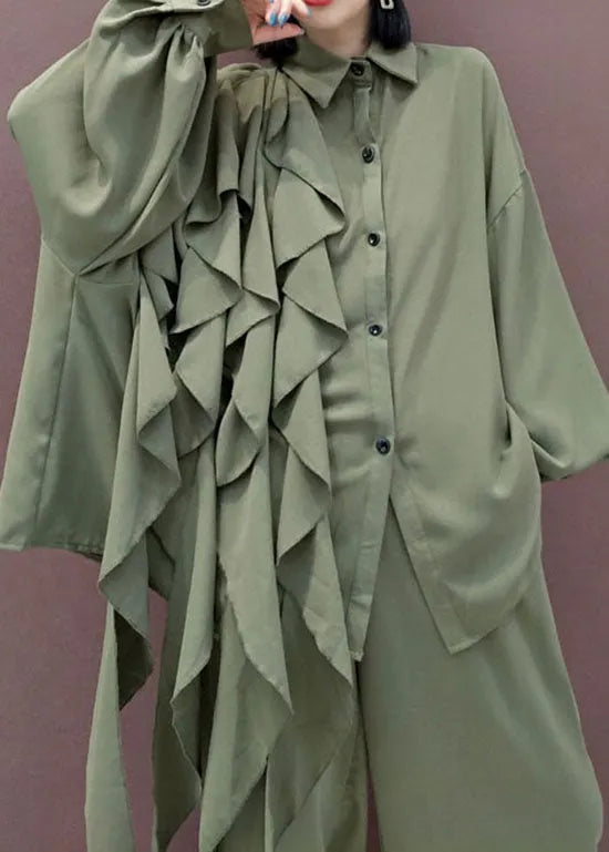 Modern Green Peter Pan Collar Asymmetrical Design Two Piece Set Spring