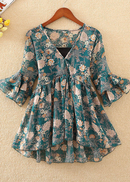 Unique Red V Neck Chiffon Shirt Tops Flare Sleeve