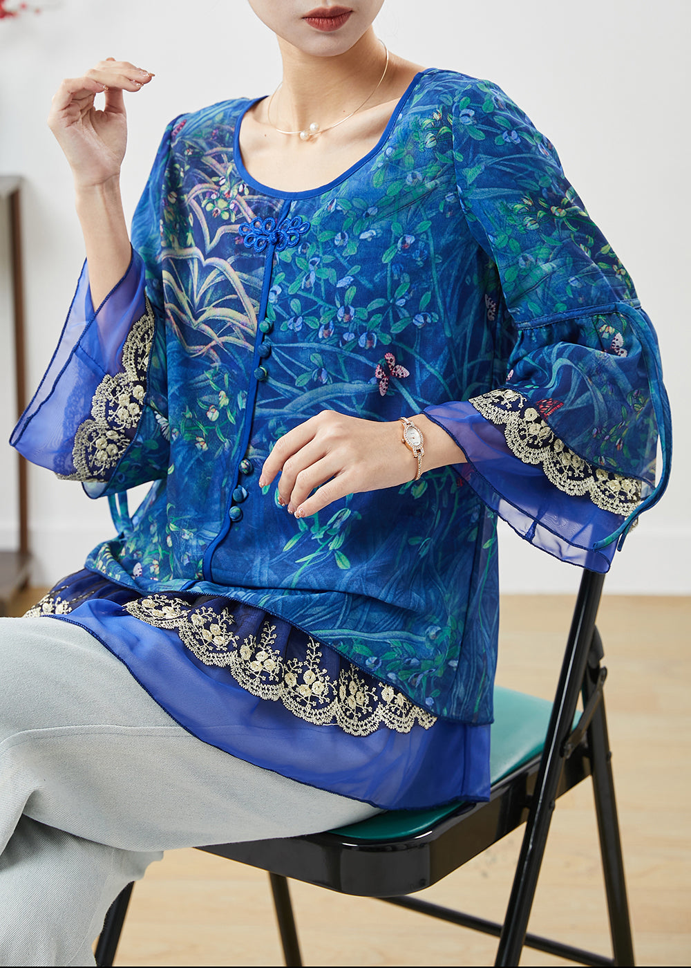 Blue Print Patchwork Chiffon Shirt Spring