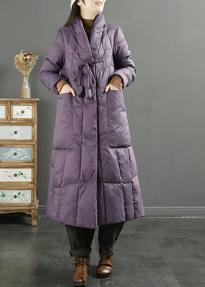 Purple Stand Collarembroideried Tassel Pockets Duck Down Down Coat Long Sleeve