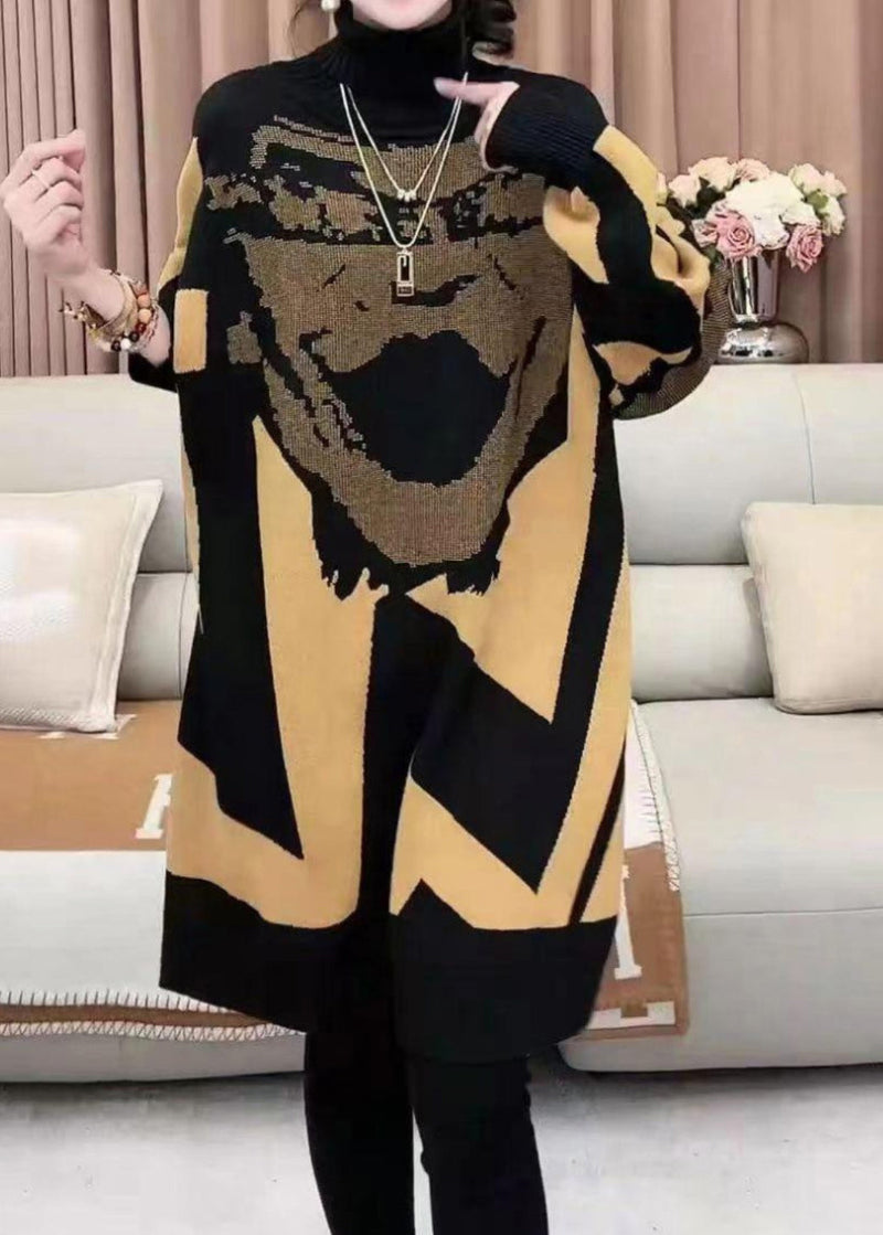 Yellow Turtleneck Print Cotton Knit Long Dress Winter