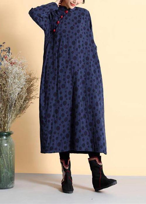 Diy Stand Collar Spring Quilting Dresses Work Outfits Navy Dotted Dress