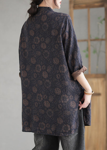Coffee Stand Collar Print Button Linen Coat Long Sleeve