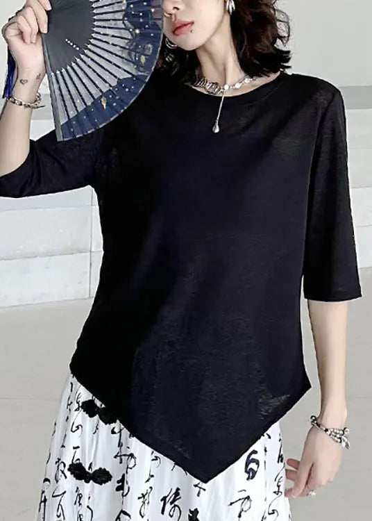 Black O Neck Asymmetrical Cotton T Shirt Summer