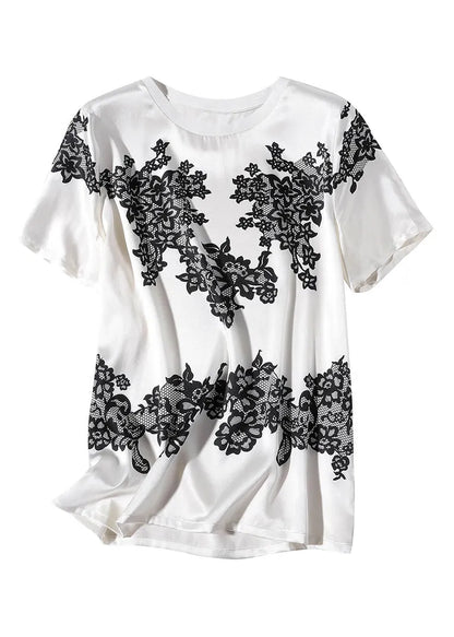 White O-neck Print T Shirt Short Sleeve