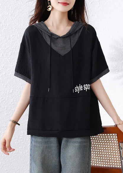 Black Hooded Patchwork Cotton Sweatshirt Summer
