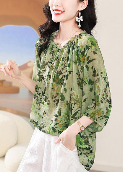 Green Ruffled Lace Up Print T Shirt Bracelet Sleeve